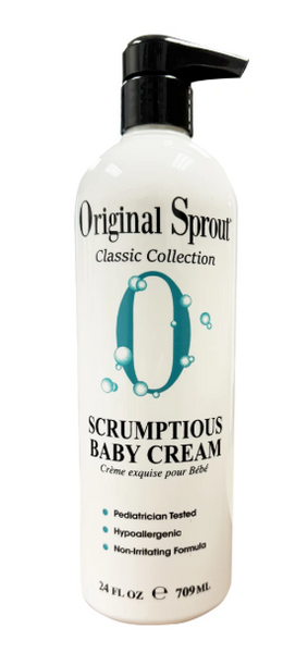Bottle of Original Sprout Scrumptious Baby Cream on a white background