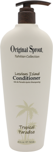 Conditioner bottle labeled 'Original Sprout Tahitian Collection' with palm tree design on a white background